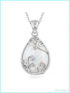 925 Sterling Silver White Opal Filigree Pendant Necklace
